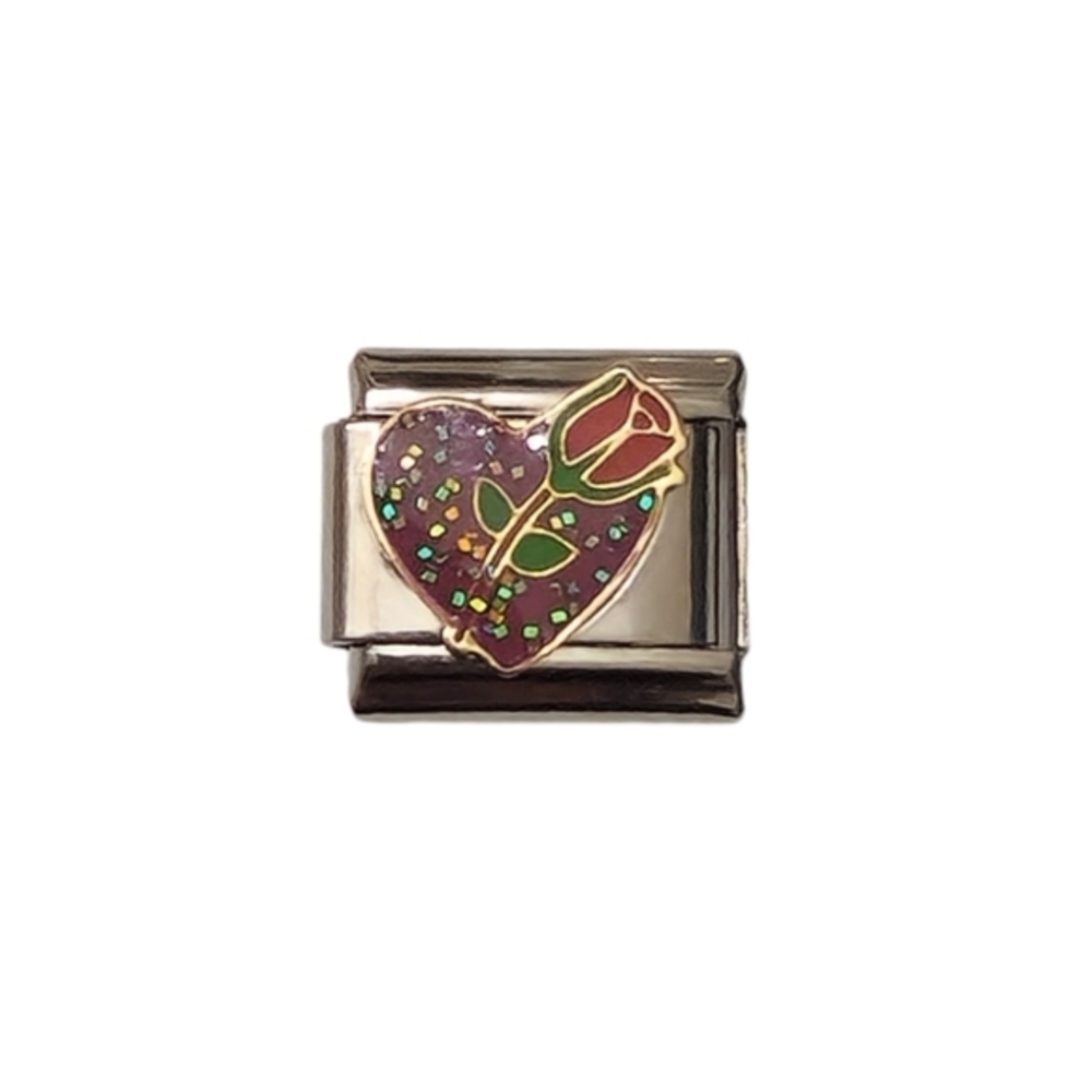 Italian Charmlink for Charm Bracelet Heart ❤️ with‎ Rose 🌹 and Stem  9mm